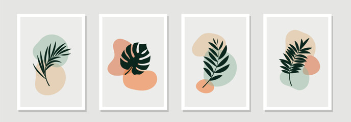 Botanical wall art vector set. Foliage line art drawing with abstract shape. Abstract Plant Art design for print, cover, wallpaper, Minimal and natural wall art. Vector illustration.