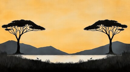 Tranquil African Sunset Silhouette of Acacia Trees by a Lake