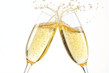 Two champagne flutes clinking with golden bubbles splashing out, realistic style, on clean white background. Concept of celebration and joy. Ai generative