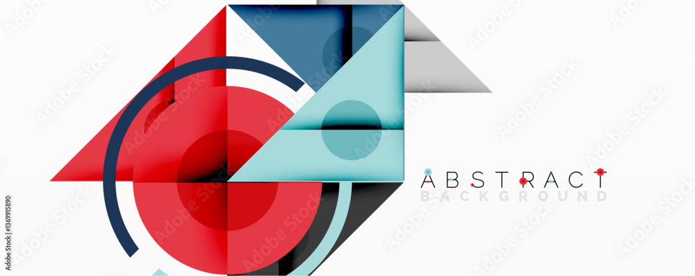 Wall mural abstract geometric composition with overlapping triangles, circles, and gradients, featuring a centr