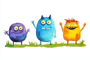 Fototapeta premium Playful Watercolor Monsters on Grass.
