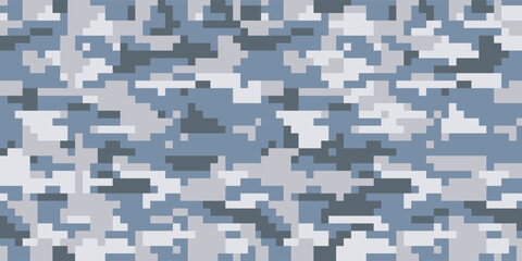 Urban digital camo seamless texture. Camouflage pattern in purple blue and gray colors. Fashionable military print. Battle Dress Uniform (BDU). Vector pixel wallpaper