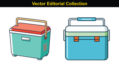 Vector Cooler Box Illustration Set, A collection of two vector illustrations of portable cooler boxes in teal and red with simple designs.
