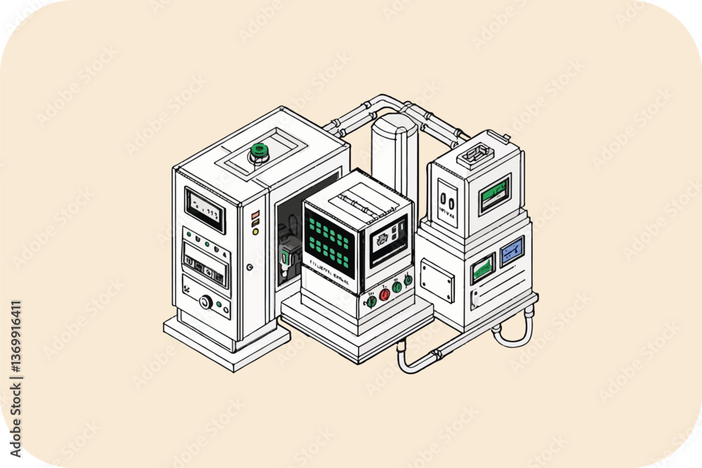 Poster isometric computer system illustration: detailed components and connections in minimalist line art s