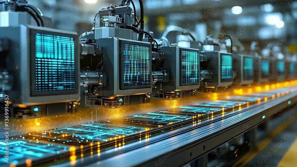 Poster automated factory showcasing advanced machinery and technology with glowing circuits conveyor for pr