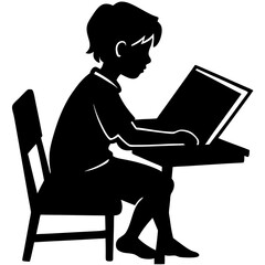 A silhouette of a student sitting at a desk, deeply focused while reading a book