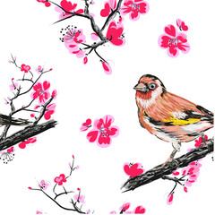 Sakura Blossom - Japanese Cherry Pattern. Artistic Branch Plum Blossom. Vector