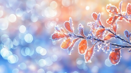 Fototapeta premium Orange Autumn Leaves with Frost, Bokeh Background, Vibrant Colors, Shallow Depth of Field