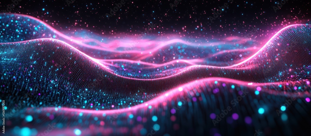Poster abstract digital wave with glowing particles. background use