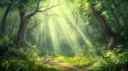 Obraz premium Tranquil Forest Pathway Bathed in Sunlight and Caressed by a Zephyr Breeze