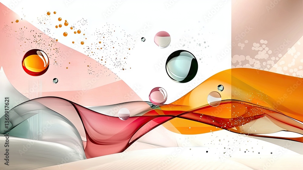 Poster modern geometric abstract background with pink and orange fluid color patterns.