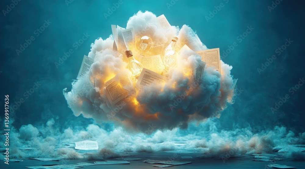 Poster light bulbs and scattered documents create an ethereal cloud in a surreal, dreamlike environment fil