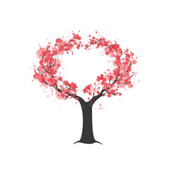 Love Heart Sakura Blossom - Japanese Cherry Tree. Artistic Branch Plum Blossom. Vector