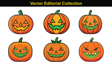 Vector Collection of Halloween Pumpkin Illustrations, A set of vector illustrations featuring various Halloween pumpkins with different facial expressions and designs.
