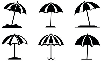 black and white beach umbrella silhouettes, perfect for representing summer, relaxation, and vacation.