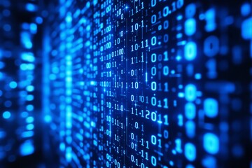 Glowing binary code in blue tones displayed across a digital wall with depth and blur effects on a futuristic cyberspace background. Concept of data flow. Ai generative