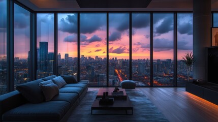 Fototapeta premium Modern penthouse living room with city sunset view