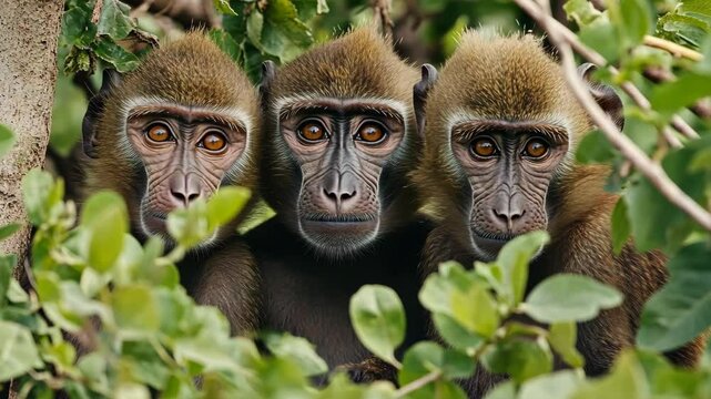 Three monkeys observing their surroundings in a lush green habitat during daylight