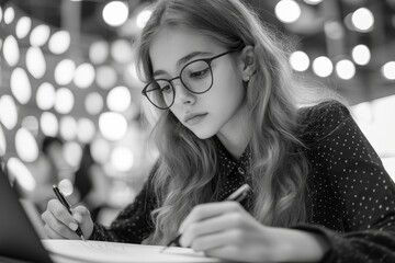 Learning concept. Schoolgirl writing test or taking notes during lesson, sitting at desk in modern classroom interior
