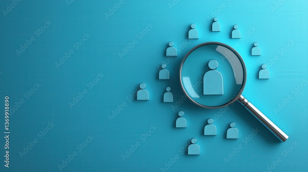 Poster a magnifying glass focuses on a central figure, surrounded by smaller icons, symbolizing search, ana