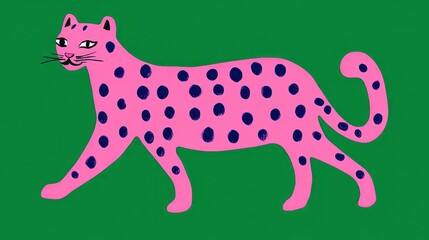 Pink leopard with dark blue spots walks across green background