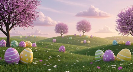 Easter eggs hunt on green grass field with pink blossom trees landscape scene
