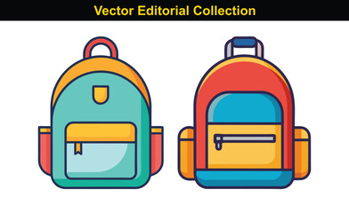 Vector Collection of Colorful Backpacks Illustration, A set of vector illustrations featuring two colorful backpacks with distinct designs and vibrant colors.
