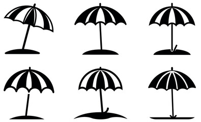 black and white beach umbrella silhouettes, perfect for representing summer, relaxation, and vacation.