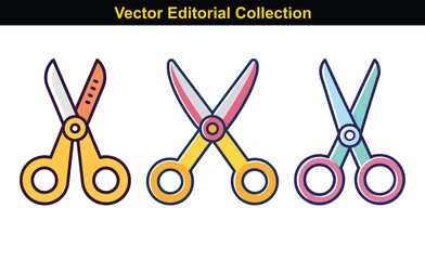 Vector Collection of Scissors Illustrations, A set of vector illustrations showcasing various scissor designs with colorful handles and blades.

