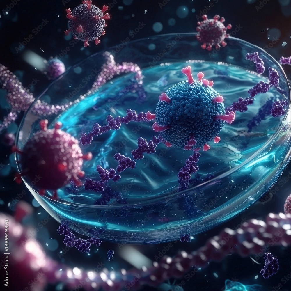 Poster microscopic view of viruses and dna strands in a petri dish, a 3d rendering depicting the complexity