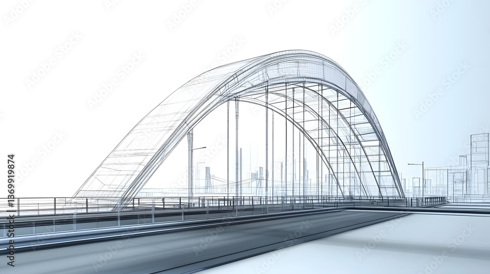 Poster A digital wireframe rendering depicting the sleek innovative design of a futuristic high tech bridge structure with geometric elements and a striking architectural aesthetic