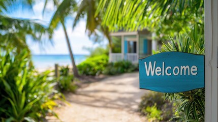 Tropical Welcome Sign with Lush Landscape