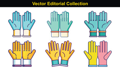 Vector Collection of Colorful Gloves Illustrations, A set of vector illustrations featuring various colorful gloves designs in different styles and purposes.
