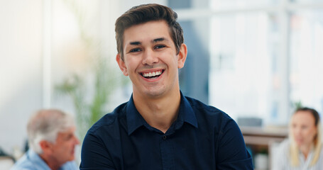 Portrait, laugh and business man, financial advisor and wealth consultant coworking in office....