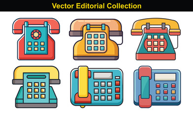 Vector Collection of Retro and Modern Telephones, A collection of vector illustrations featuring both retro and modern telephones with colorful designs and various styles.
