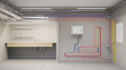 Fototapeta premium Preventing frozen water pipes, diagrams showing the placement of pipe insulation and heating tape on water pipes, technical and instructional atmosphere, digital illustrations,