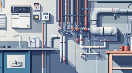 Preventing frozen water pipes, diagrams showing the placement of pipe insulation and heating tape on water pipes, technical and instructional atmosphere, digital illustrations,