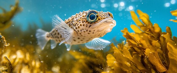 Obraz premium Spotted fish swims near kelp underwater