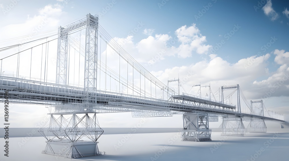 Poster a digital wireframe rendering of a high tech futuristic bridge design with sleek modern architectura