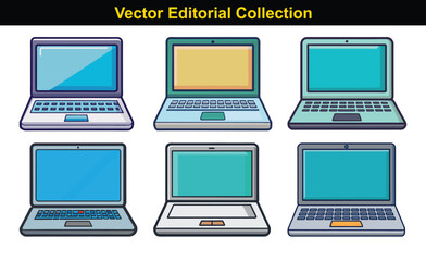 Vector Collection of Laptop Computer Illustrations, A series of vector illustrations showing different laptop designs, each with colorful screens and various keyboard layouts.
