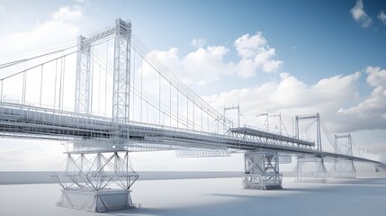 A digital wireframe rendering of a high tech futuristic bridge design with sleek modern architectural elements