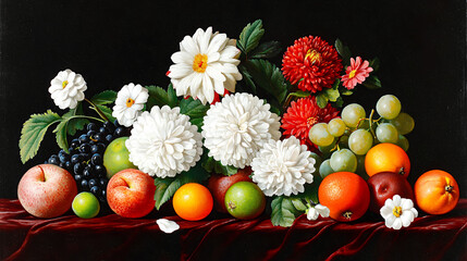 Vibrant Still Life with White and Red Dahlias and Assorted Fruit