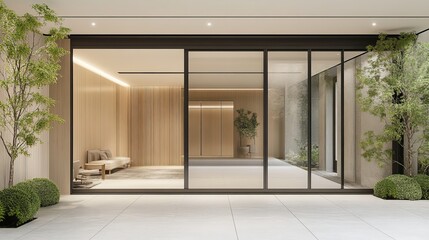 Fototapeta premium Modern Minimalist Home Interior With Garden View Through Sliding Glass Doors.Serene Atmosphere, Contemporary Design, And Natural Light.