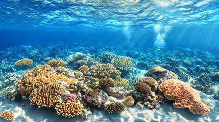 Obraz premium Vibrant Underwater Coral Reef Scene with Sunlight