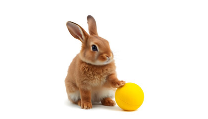 Obraz premium Adorable Brown Bunny with Yellow Ball on White Background