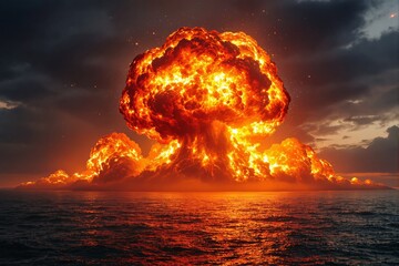 Huge fiery explosion with mushroom cloud over ocean waters, digital art style, dramatic cloudy sky background, concept of apocalyptic energy blast, Ai generative