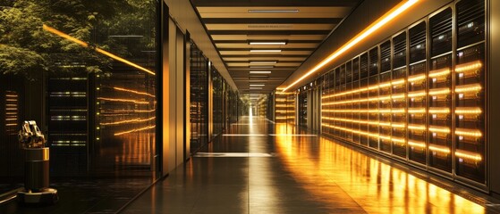 Illuminated data center corridor modern facility architectural photography futuristic environment wide angle technology concept