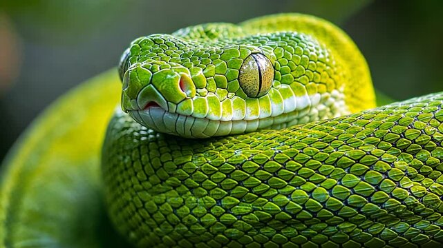 Close-Up View of a Vibrant Green Tree Python, Highlighting Scales and Elegant Curves