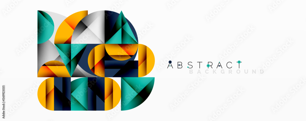 Poster Abstract geometric design with intersecting circles, triangles, squares and sharp angles creating a layered composition with gradients, depth, and contrast