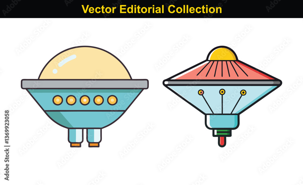 Poster vector illustrations of ufo spaceships, a collection of vector illustrations depicting ufos with uni